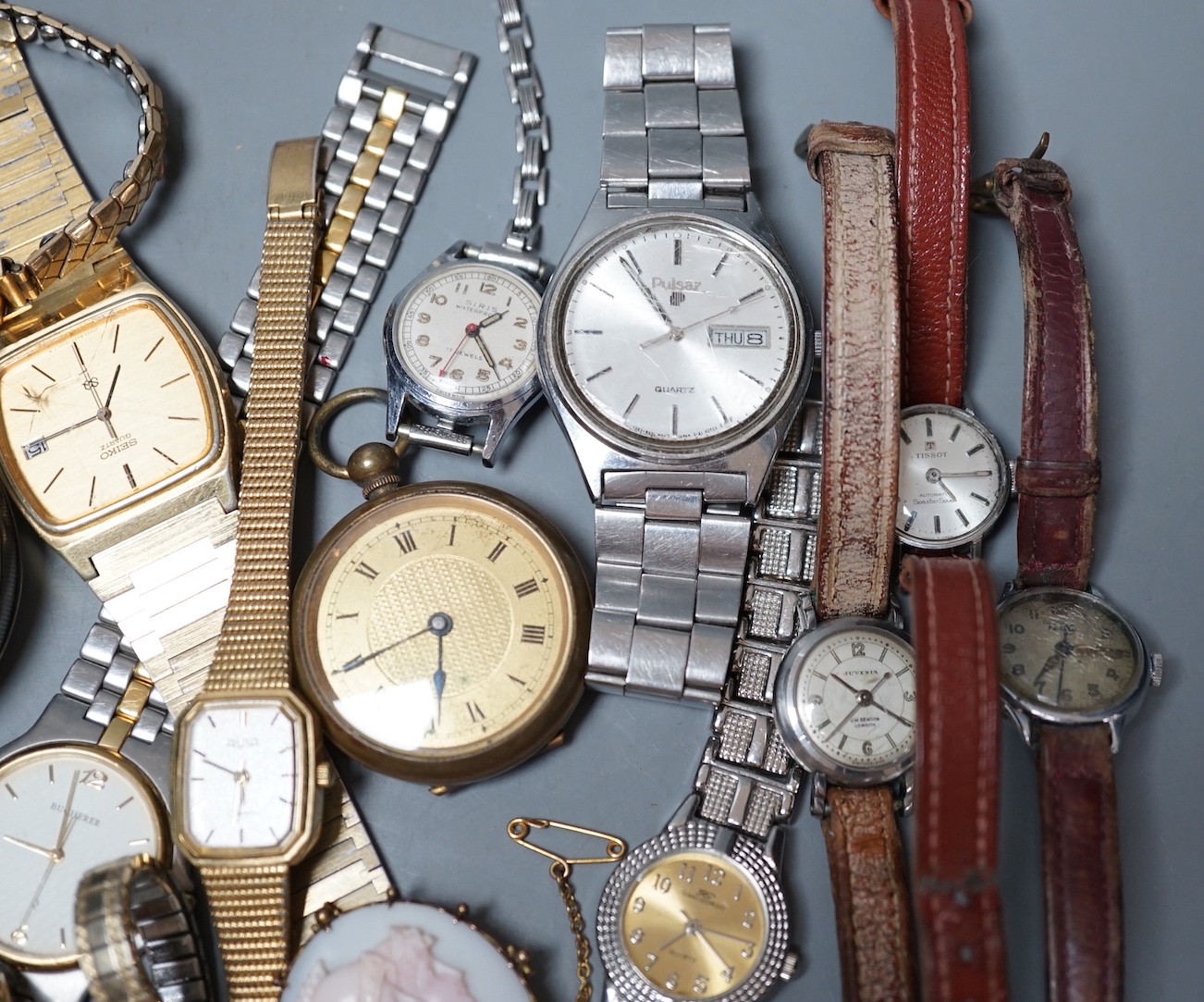 Four assorted pocket watches including tow silver and two gold plated, a brass cased fob watch and a group of sundry lady's and gentleman's mainly modern wrist watches, including Pulsar.